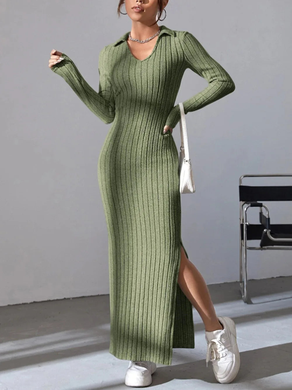 2024 Europe And The United States Autumn And Winter New Knitted Slim-Fit Lapel Long Sleeve Pit Strip Solid Color Tight Dress