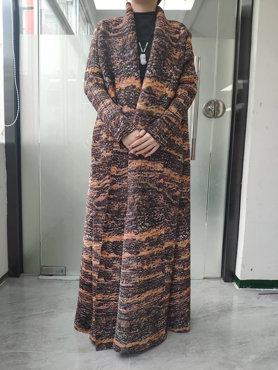 Miyake Pleated Vintage Printed Turn-down Collar Long Sleeve Long Jacket Women Designer Abaya New Dubai Style Plus Size Coats