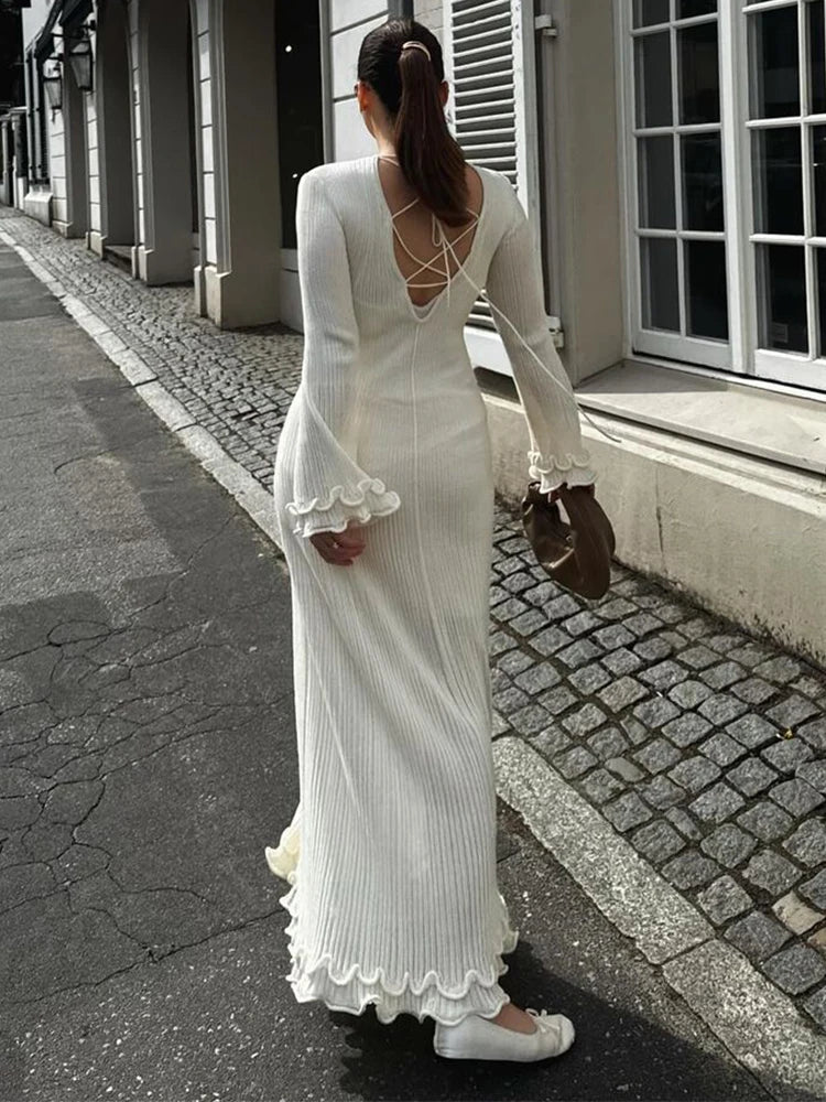 Women Elegant Ruffle Hem Knit White Long Dress O-neck Flare Long Sleeve Backless Bandage Dresses 2024 New Evening Party Robes