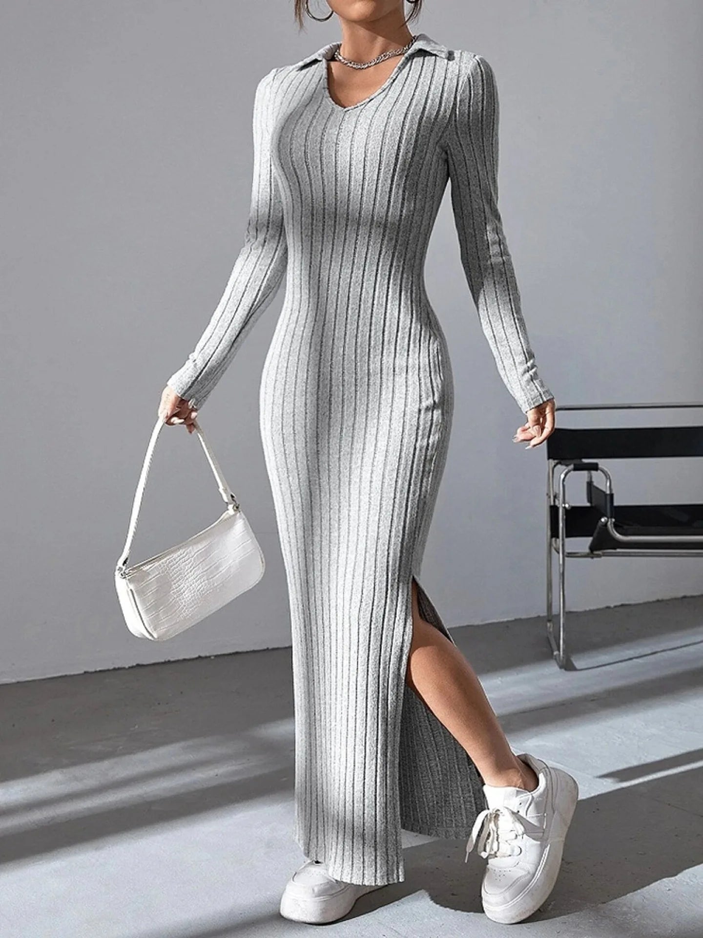 2024 Europe And The United States Autumn And Winter New Knitted Slim-Fit Lapel Long Sleeve Pit Strip Solid Color Tight Dress