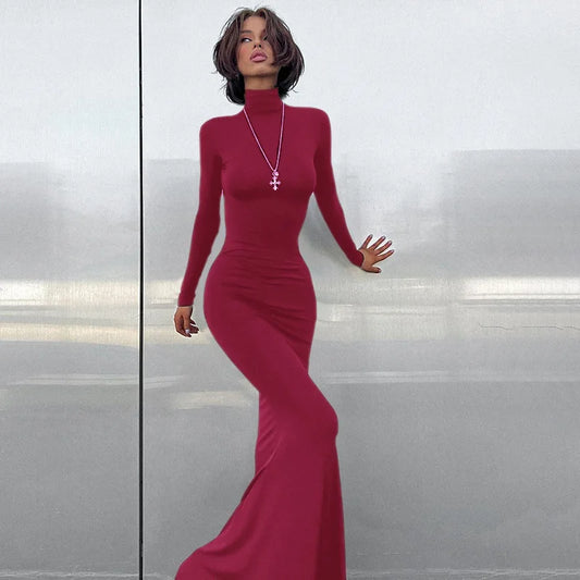 New Autumn and winter spice girl high collar long sleeve waist waist waist sexy slim tail dress dress dress