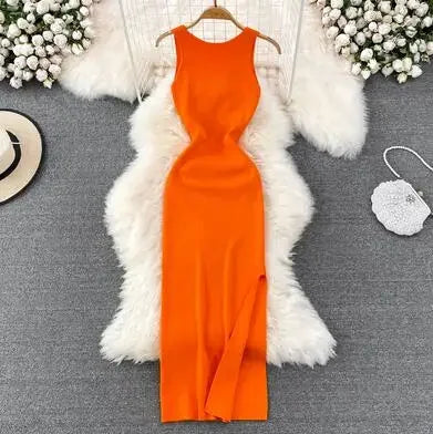 OCEANLOVE Korean Knitted Robe Femme Summer V Neck Sleeveless Kink Hollow Out Sexy Slim Bodycon Dress Split Fork Long Vestidos