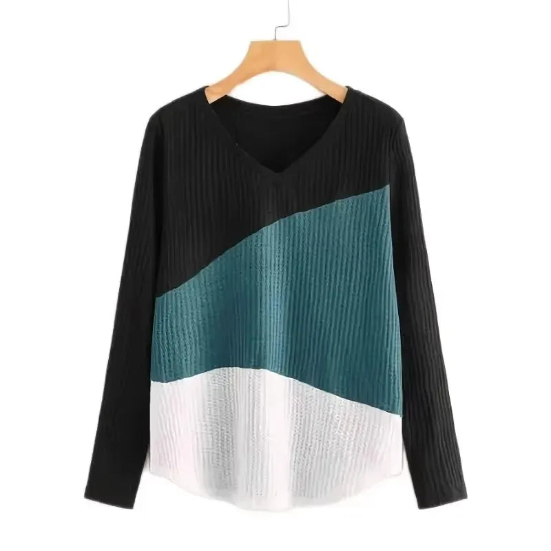 Women's Plus Size 1XL-5XL Casual Loose Knitwear Tops Ladies Fashion Colorblock Long Sleeve V NeckSlight Stretch Sweater