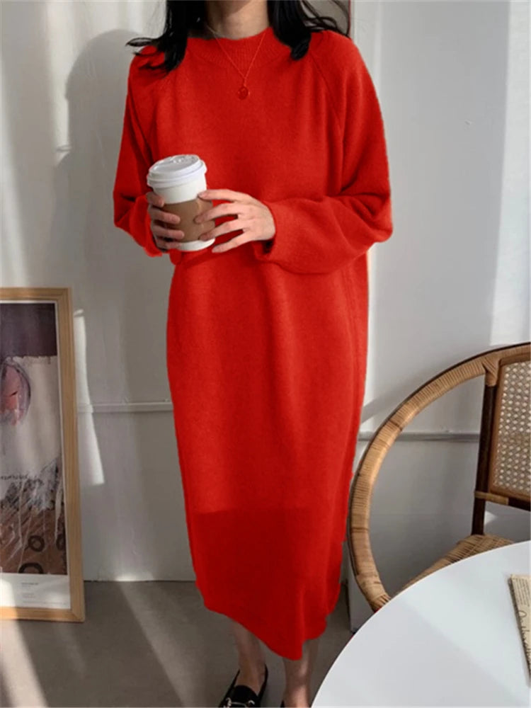 REALEFT Autumn Winter 2023 New O-Neck Casual Loose Knitted Dress Female Straight Long Sleeve Oversize Sweater Womens Long Dress