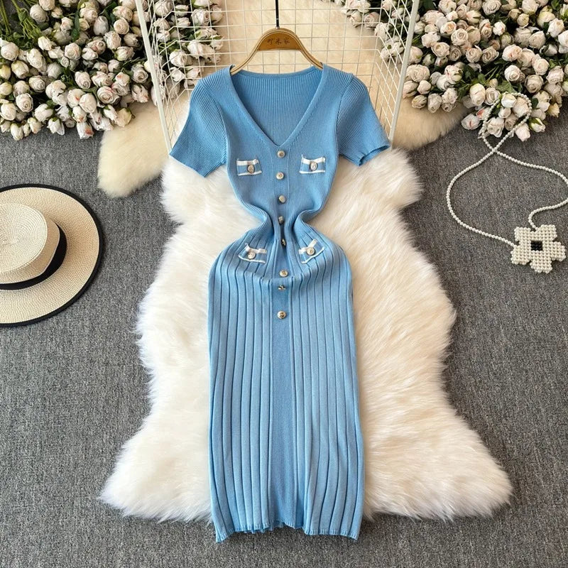 YuooMuoo Women Dress 2024 New Chic Fashion Sexy Package Hips Knitted Summer Dress Office Lady Bodycon Long Dress Party Vestidos