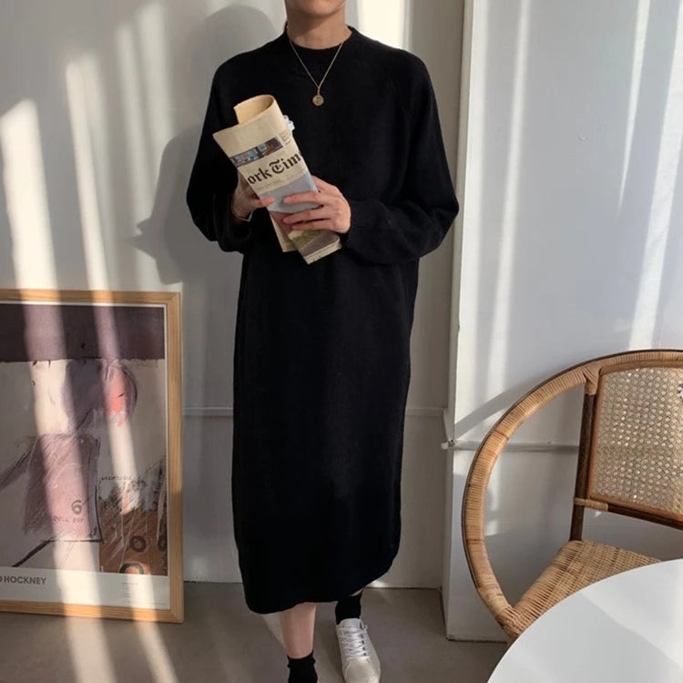 REALEFT Autumn Winter 2023 New O-Neck Casual Loose Knitted Dress Female Straight Long Sleeve Oversize Sweater Womens Long Dress