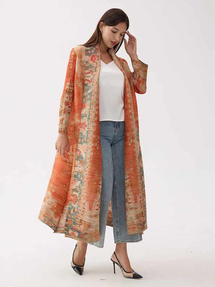 Miyake Pleated Vintage Printed Turn-down Collar Long Sleeve Long Jacket Women Designer Abaya New Dubai Style Plus Size Coats