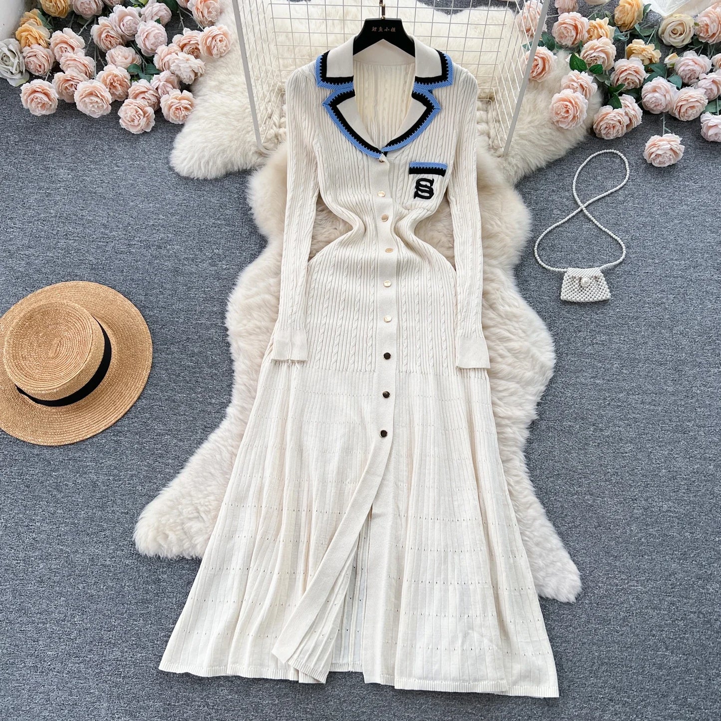 Women Elegant Knitted Dress Spring Autumn Long Sleeve Sexy V-neck Bodyon Dresses Ladies Slim A-line Single Breasted Sweater Robe