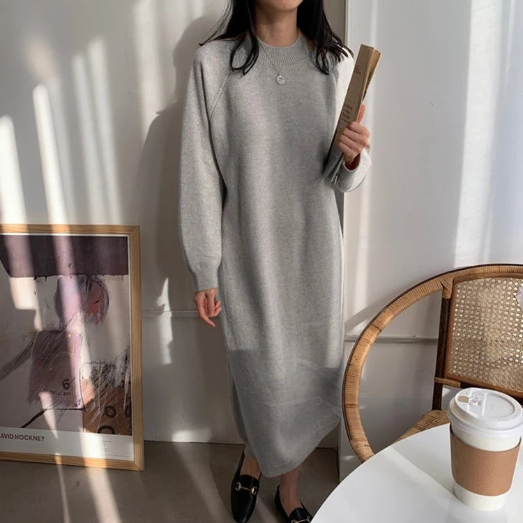 REALEFT Autumn Winter 2023 New O-Neck Casual Loose Knitted Dress Female Straight Long Sleeve Oversize Sweater Womens Long Dress