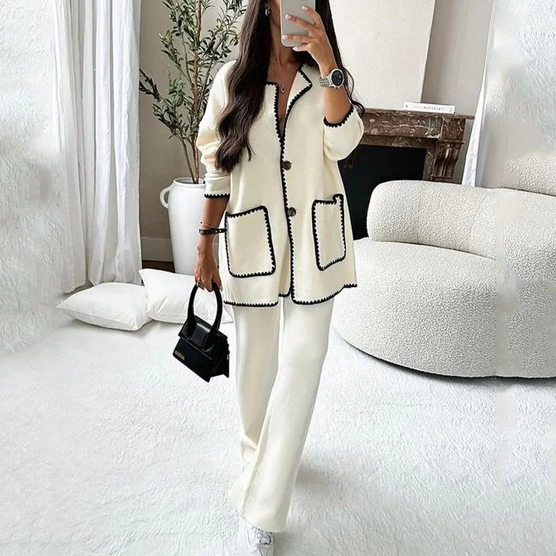 Women Autumn Two-piece Set Double Pocket Single-breasted Cardigan Tops Comfortable Casual Straight Pants New Korean Female Suits