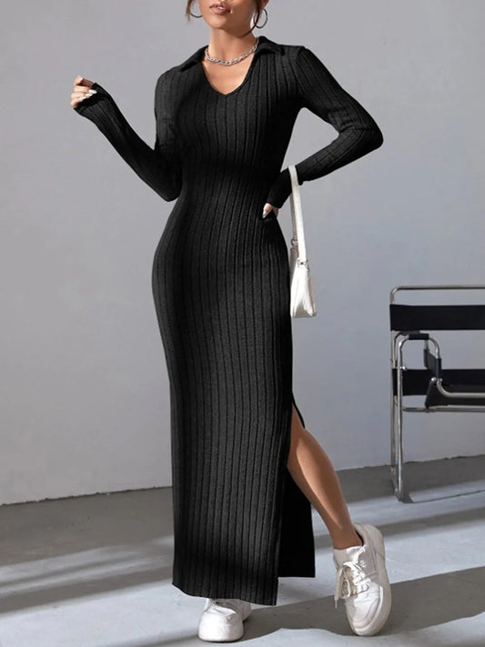 2024 Europe And The United States Autumn And Winter New Knitted Slim-Fit Lapel Long Sleeve Pit Strip Solid Color Tight Dress