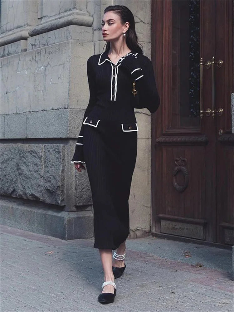 Tossy Ruffled Fashion Knit Dress Women Autumn Ribbed Contrast Long Sleeve High Waist Lapel Gown Dress Knitwear Ladies Maxi Dress