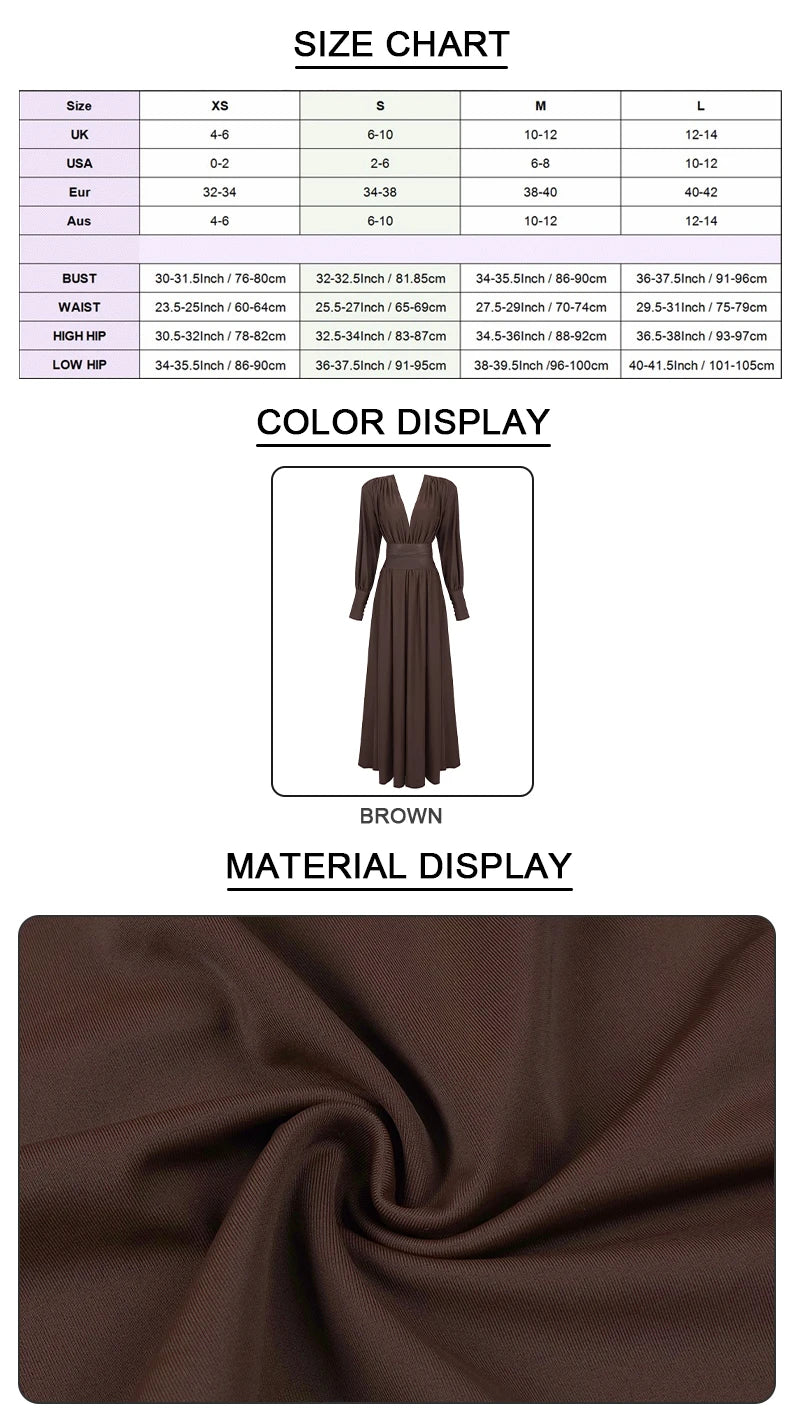 VC 2024 Spring Fashion Dresses For Women Plunging V Neck High Waist Belt Long Sleeves Wedding Party Dress Brown Gowns