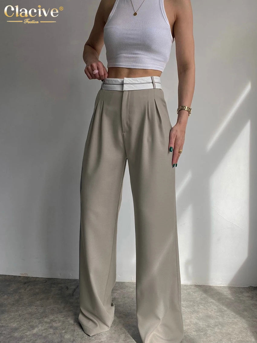 Clacive Elegant Loose Gray Office Women Pants Fashion High Waist Straight Trousers Casual Chic Spliced Full Length Female Pants