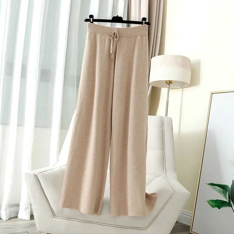 Thick Warm Knitted Casual Chic Basic Soft Elastic High Waist Women's Pants Korean Fashion Straight Ankle-Length Pants For Women