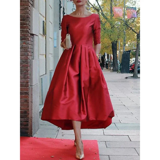 Krisnanas Party Evening A-Line Midi Dresses 2024 New Loose Pleated Pockets Solid Color Split-Joint Round-Neck Dresses