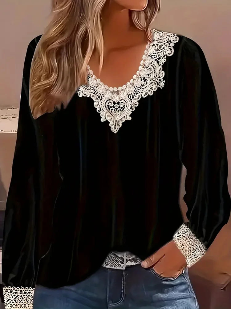 Spring and Autumn Plus Size Women's Lace Patchwork Round Neck Top Casual Long Sleeved Top Women's Plus Size Clothing