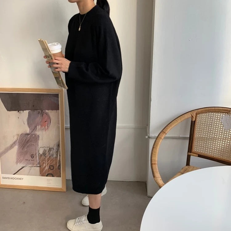 REALEFT Autumn Winter 2023 New O-Neck Casual Loose Knitted Dress Female Straight Long Sleeve Oversize Sweater Womens Long Dress