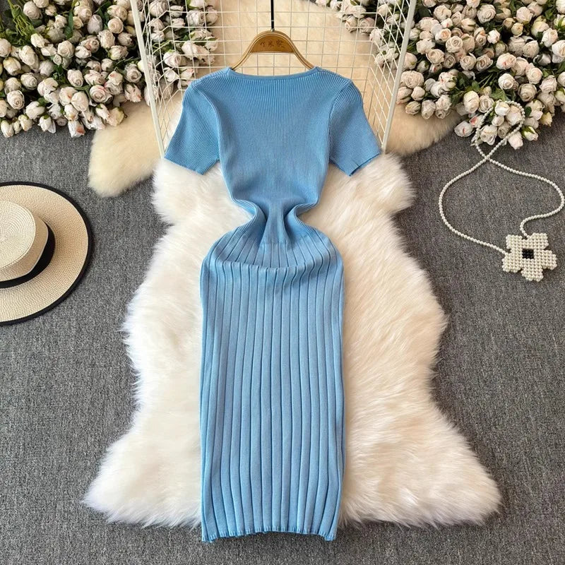 YuooMuoo Women Dress 2024 New Chic Fashion Sexy Package Hips Knitted Summer Dress Office Lady Bodycon Long Dress Party Vestidos