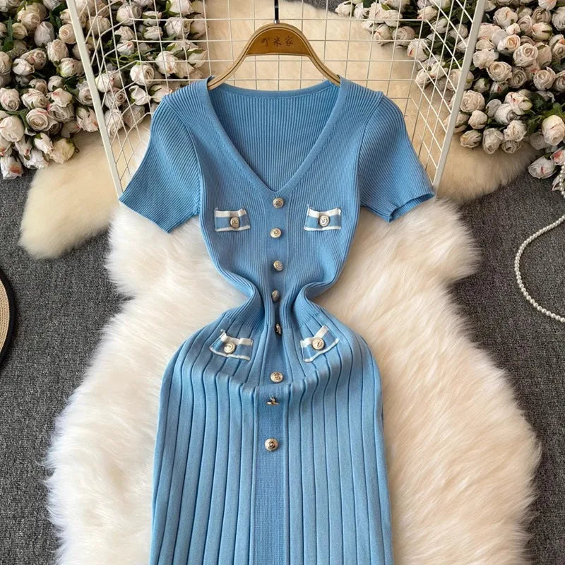 YuooMuoo Women Dress 2024 New Chic Fashion Sexy Package Hips Knitted Summer Dress Office Lady Bodycon Long Dress Party Vestidos