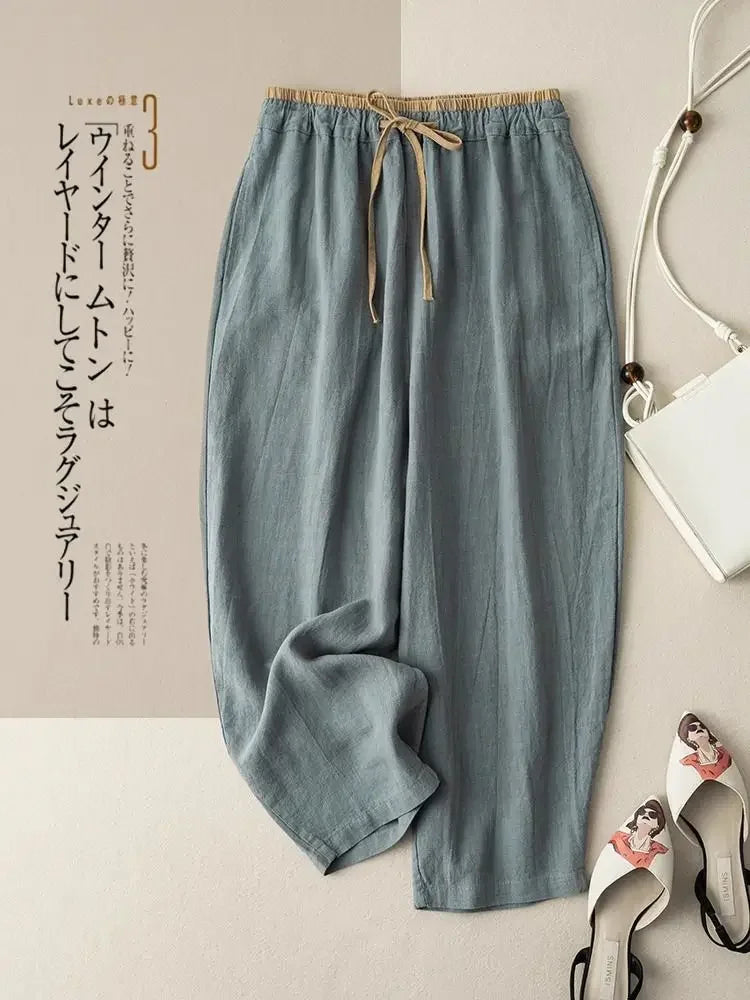 Summer Retro Cotton Linen Loose Harem Pants Elastic Drawstring Waist Casual Pants Basic Versatility Wide-leg Ankle-Length Pants