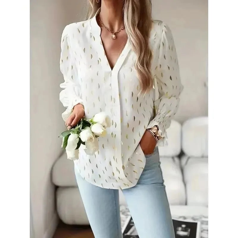 Women's Plus Size 1XL-5XL Fashion V-neck Shirt Gold-plated Long-sleeved Top Elegant Temperament Shirt Women