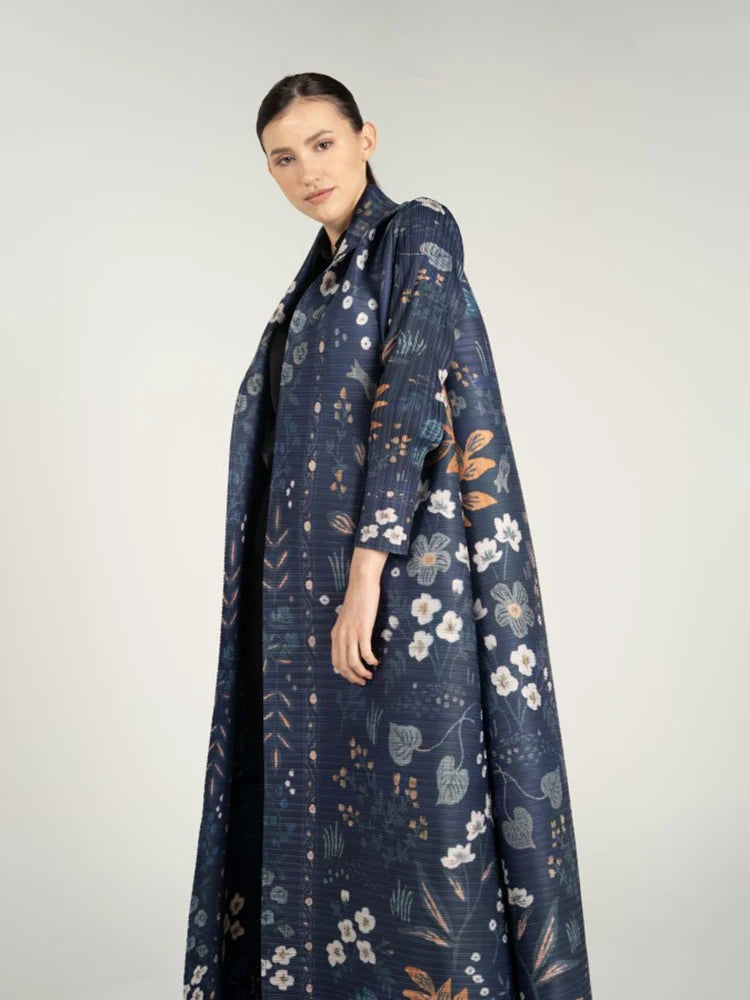 Miyake Pleated Vintage Printed Turn-down Collar Long Sleeve Long Jacket Women Designer Abaya New Dubai Style Plus Size Coats