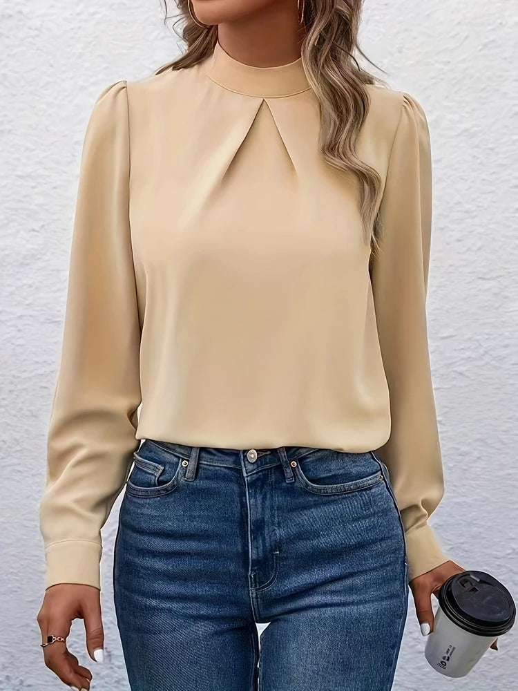 New Plus Size Women's Solid Color Stand Up Collar Bubble Sleeve T-shirt Women's Fashionable Top Shirt