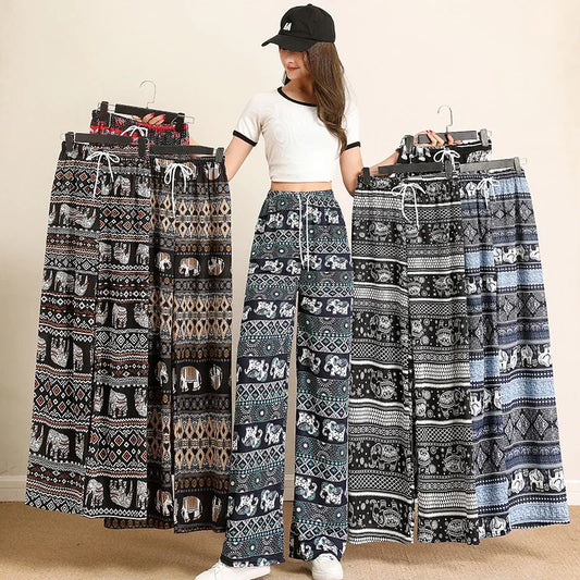 Women Wide Leg Pants High Waist Elephant Print Pant Summer Thin Straight Trousers Casual Bottoms Female Clothing 2023 Fashion