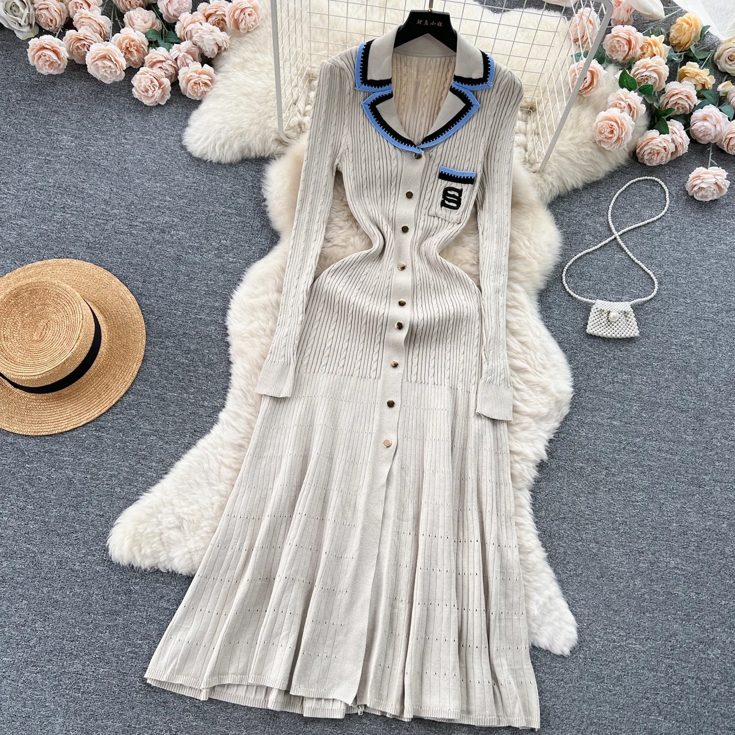 Women Elegant Knitted Dress Spring Autumn Long Sleeve Sexy V-neck Bodyon Dresses Ladies Slim A-line Single Breasted Sweater Robe