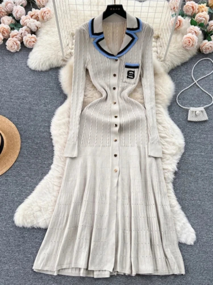 Women Elegant Knitted Dress Spring Autumn Long Sleeve Sexy V-neck Bodyon Dresses Ladies Slim A-line Single Breasted Sweater Robe