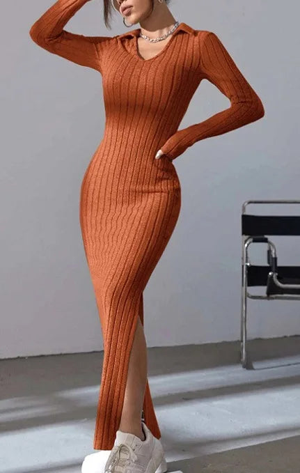 2024 Europe And The United States Autumn And Winter New Knitted Slim-Fit Lapel Long Sleeve Pit Strip Solid Color Tight Dress