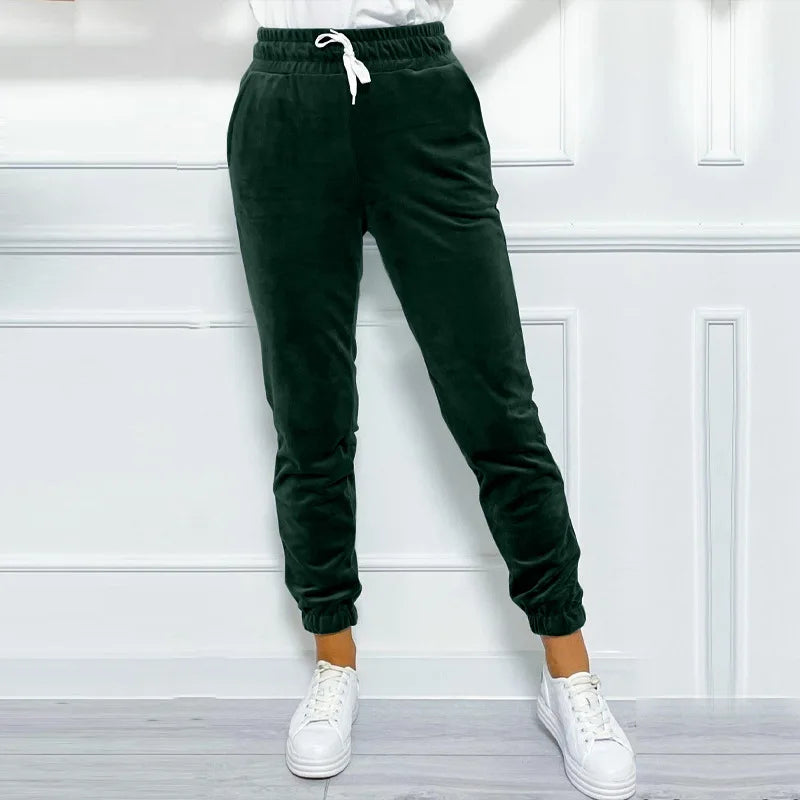 Solid Drawstring Velvet Jogger Pants Versatile Comfy Pants For Fall & Winter Women's Clothing