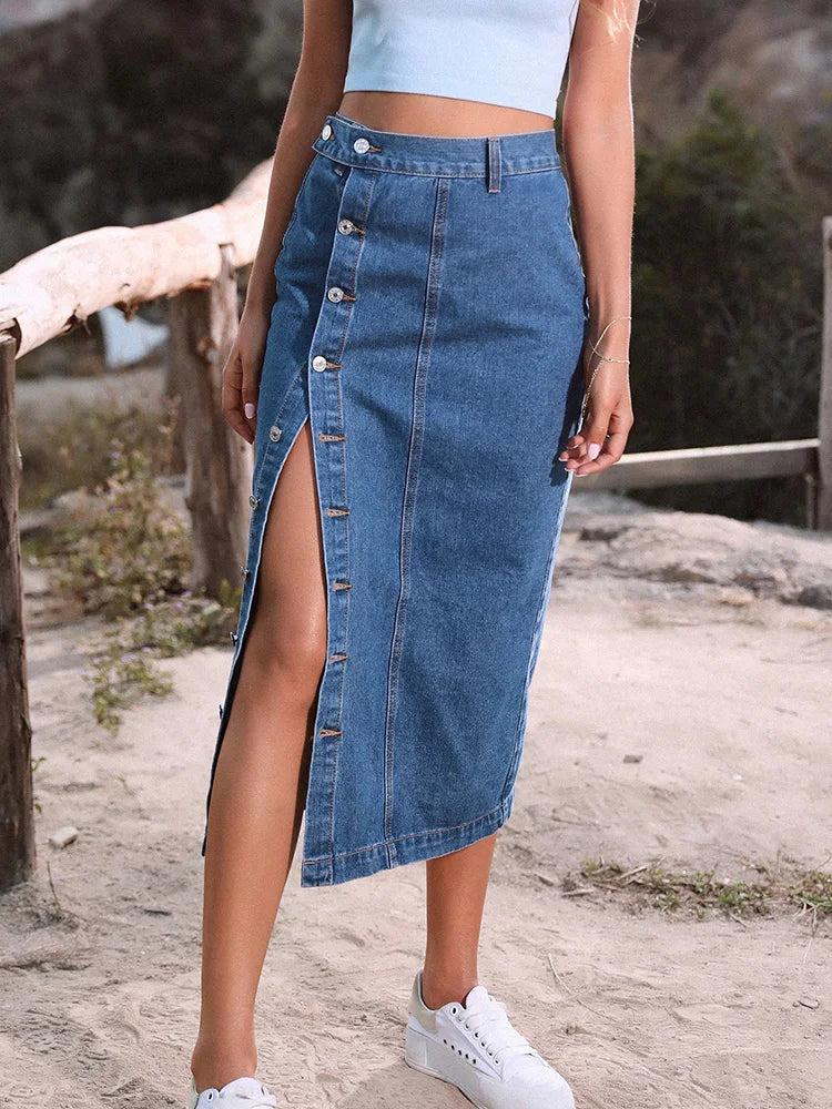 Benuynffy Sexy Streetwear Button Women Skirt Autumn Winter Elegant Denim Skirt Female High Waist Casual Bodycon Long Skirts