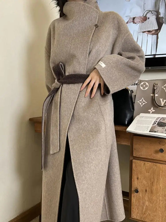 Wear It On Both Sides Lady Woolen Jackets 2024 Autumn And Winter Bathrobe Style Large Lapel Lace Up Tie Women's Long Wool Coats